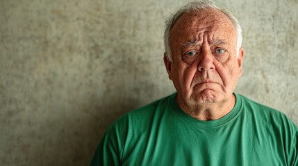 Obraz premium Portrait of an elder person wearing a green t-shirt against a wall, expressing anger. This portrait captures the emotions of sadness and frustration, with ample copy space.