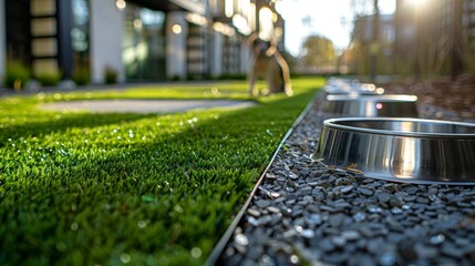 Empty dog bowls gleam in the sun next to artificial turf outside a modern building, waiting for pets in the city
