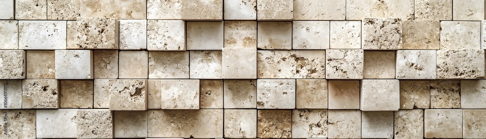 Poster a close-up of a textured wall made of stacked rectangular stone blocks