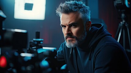 Male mid-adult member of a TV and film production crew engaged in their work, contributing to the creative process, with a focus on the scene and ample photo style copy space.