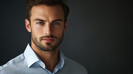 Obraz premium Professional man in a formal shirt with a serious expression, showcasing a well-groomed collar, straight hair, and a neatly trimmed beard. Ideal photo style with copy space.