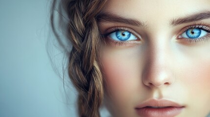 Portrait of a young woman with blue eyes and braided hair, capturing her charming features with a focus on her braided hairstyle. The photo includes space for additional text or design.