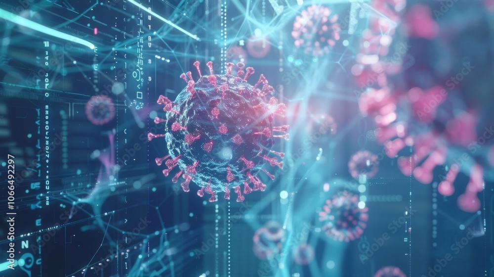 Poster microscopic view of coronavirus cells in cyberspace with glowing lines and numbers, showing advanced