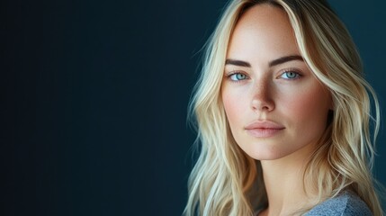 Naklejka premium Social media influencer portrait of a blonde woman, captured in studio lighting, radiates beauty and health. This portrait highlights the essence of a content creator with ample copy space.