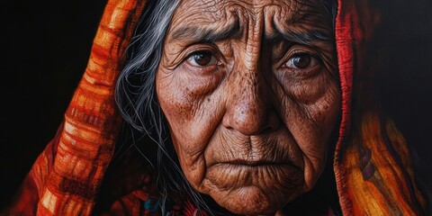 A banner showcases an elderly Mexican woman with a worried expression, conveying distress over climate change and global warming. Her sadness reflects the struggles of her community.