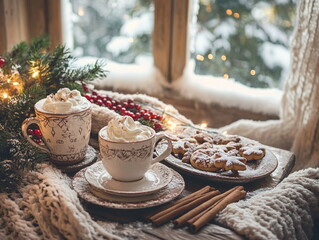 A photo of a  cup of coffee/chocolate with creams and cookies on table near a window, with a candle and christmas decorations, background wallpaper