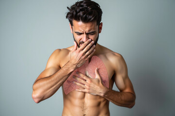 Fototapeta premium Waist portrait of young shirtless man. He holds his left hand on the center of his chest. He closes his mouse with right hand palm. The concept of pneumonia and bronchitis.
