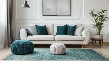 A White Sofa and Two Ottomans in a Modern Living Room