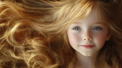 Naklejka premium Adorable little princess with stunning long, fluffy golden hair captures the essence of childhood charm. This image of a little princess radiates joy and innocence, perfect for various themes.