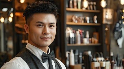 Handsome Asian barber with professional skills in hairstyling, demonstrating expertise in a salon setting. The barbers stylish techniques highlight the art of hairdressing with ample copy space.
