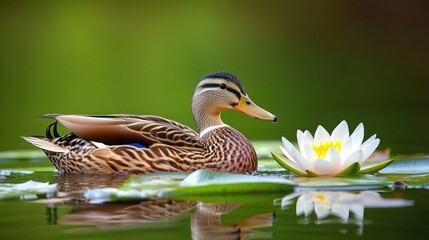 Fototapeta premium A female mallard duck swimming in a pond with a white water lily in the foreground.