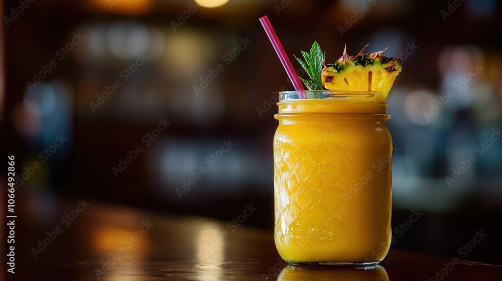 Poster refreshing pineapple smoothie in a mason jar with a straw and a slice of pineapple.