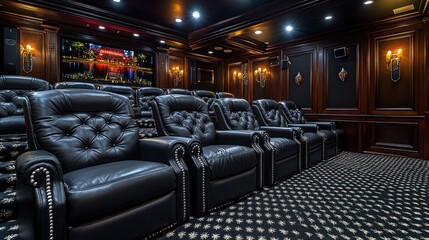 Rows of black leather reclining chairs in a home theater with a patterned carpet and wood paneling.