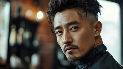 Handsome Asian barber with professional skills in hairstyling, demonstrating expertise in a salon setting. The barbers stylish techniques highlight the art of hairdressing with ample copy space.