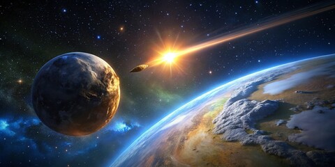 Obraz premium Asteroid Impact Approaching Earth at Night: Dramatic Low Light Photography Capturing Celestial Event, Cosmic Collision, Night Sky, Asteroid, Earth, Space Exploration, Astronomy, Sci-Fi, Visual Effects