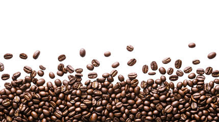 Roasted coffee beans isolated on transparent background, aromatic and textured.