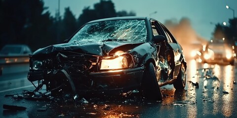 Dramatic Car Crash Scene on Rainy Night