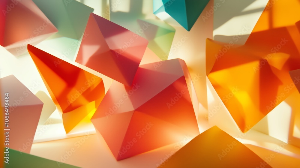 Poster brightly colored geometric shapes illuminated by soft light in an abstract composition