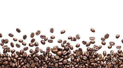 Roasted coffee beans isolated on transparent background, aromatic and textured.