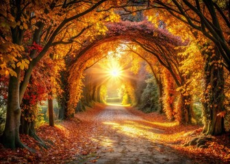 Fototapeta premium Autumn Sunlight Through Bower Pathway for Outdoor Events and Seasonal Designs