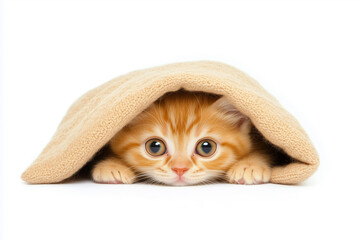 Cute kitten wrapped in a warm blanket. Cute and Cozy holiday season.