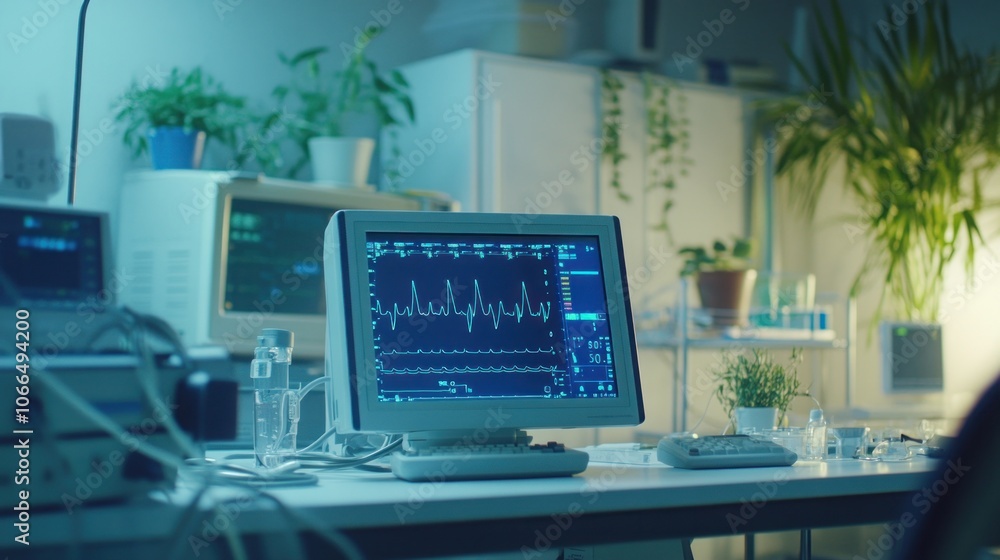 Poster a close-up of a computer monitor displaying a heart rate, in a sterile laboratory setting.