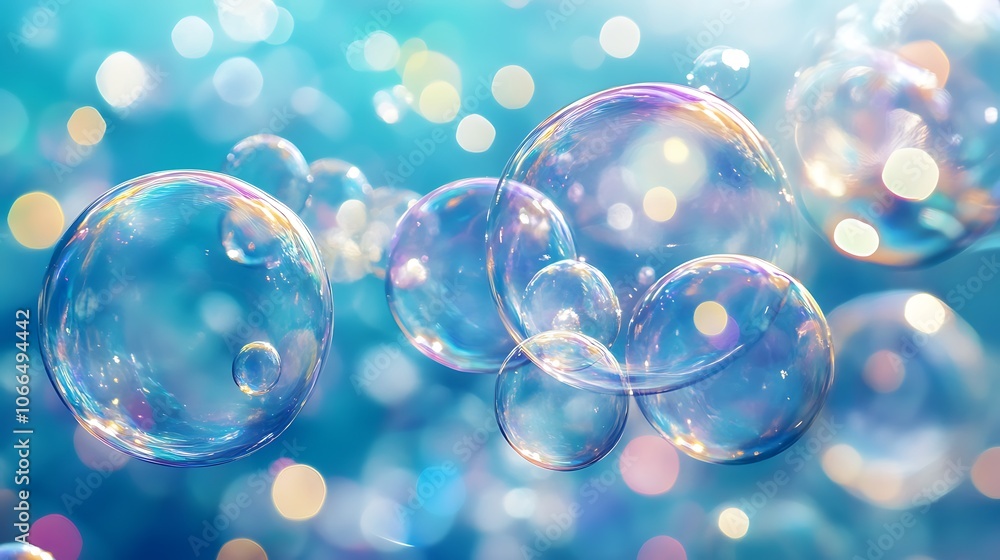Poster iridescent soap bubbles floating against a blue bokeh background