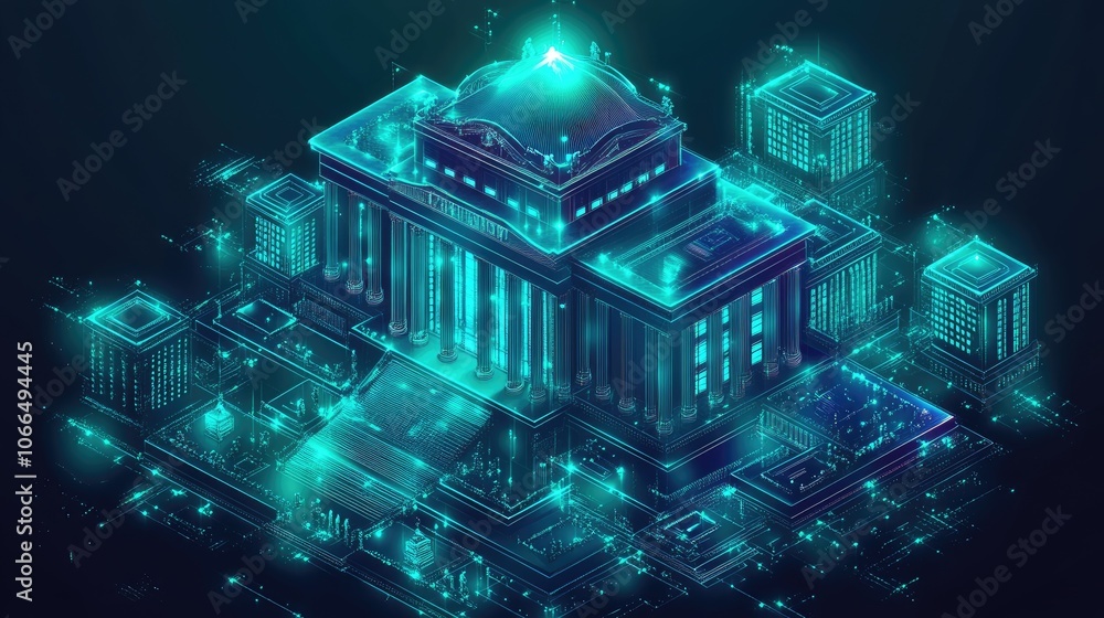 Poster a glowing, futuristic building with a central dome and surrounding structures, connected by lines of