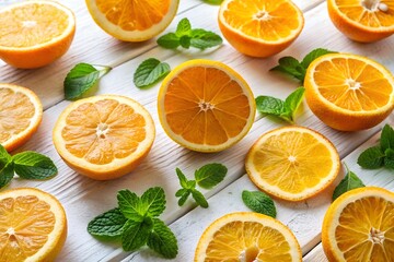 Fresh orange slices and whole oranges arranged on a white surface, garnished with mint leaves, creating a vibrant and refreshing scene