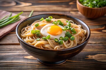 A steaming bowl of delicious noodles topped with a perfectly cooked egg and garnished with fresh green onions, showcasing an appetizing and inviting meal