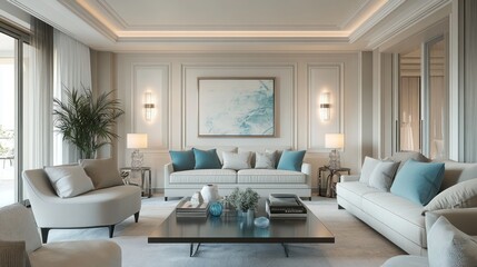 Fototapeta premium Modern living room interior with white sofas, blue pillows, and a black coffee table.
