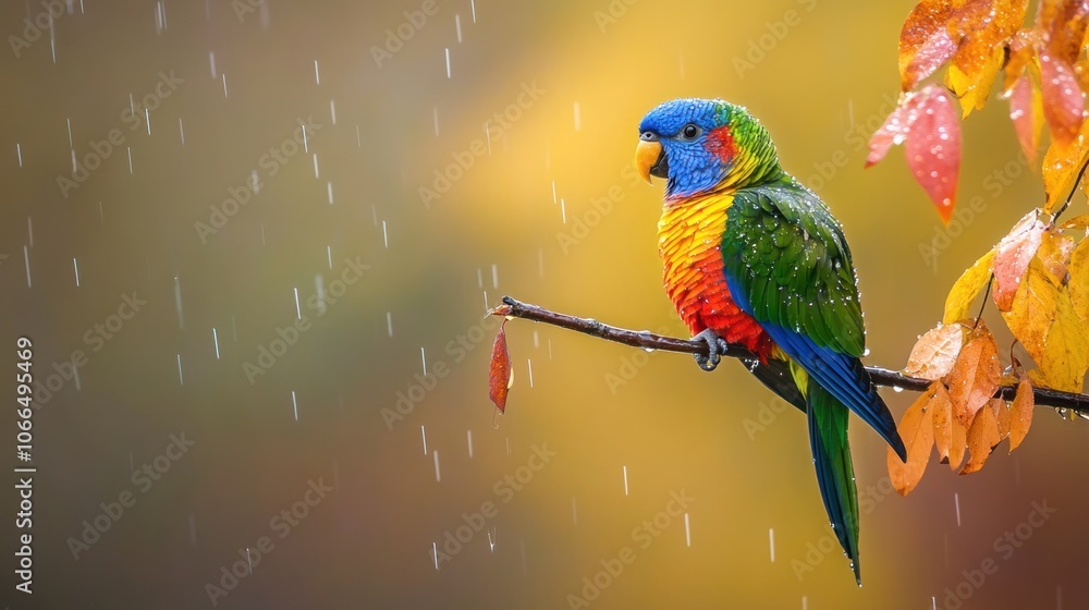 Poster A colorful parrot perched on a branch with rain falling around it.
