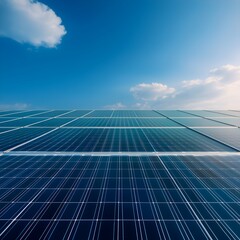 Solar panels reflecting blue sky and clouds