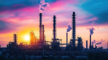 Obraz premium Industrial Complex Silhouetted Against a Vibrant Sunset Sky