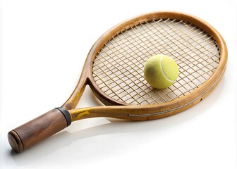 Vintage tennis racket and ball on white background