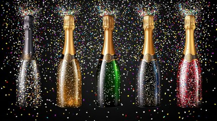 Colorful Sparkling Bottles of Champagne with Confetti