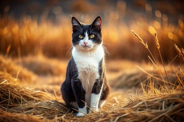 Black and White Cat in a Rustic Field of Brown Grass - Captivating Portrait Photography of a Feline on Earthy Ground, Nature Inspired, Pet Photography, Outdoor Cats, Wildlife