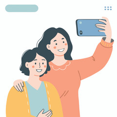 Two Cute Smiling Girl Friends In Trendy Clothing Are Taking Selfie Together Flat Cartoon Style