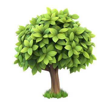 3D cartoon-style tree with vibrant green leaves isolated on transparent background.