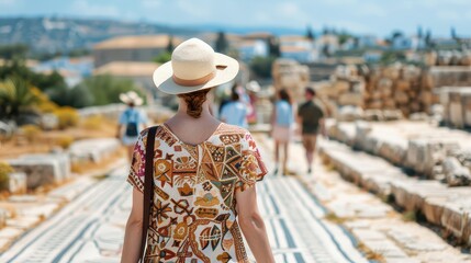 Obraz premium A traveler walks through ancient ruins in a stylish outfit and sun hat, enjoying a beautiful day outdoors.