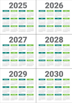 2025 2026 2027 2028 2029 2030 year calendar vector design template