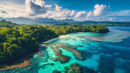 Fototapeta premium A stunning coral reef ecosystem alive with bright fish and marine plants, set in crystal-clear blue waters with distant islands framing the serene ocean view.
