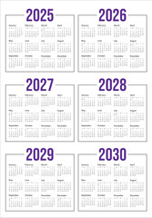 2025 2026 2027 2028 2029 2030 year calendar vector design template
