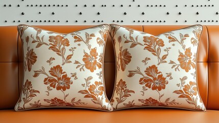 Two orange and white floral patterned throw pillows on an orange leather couch.