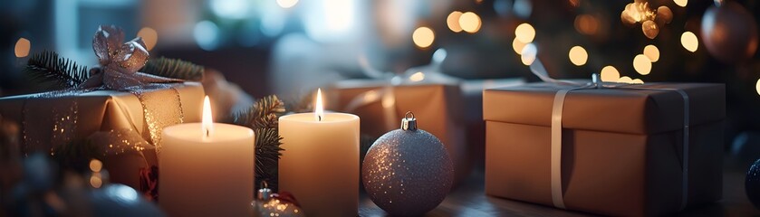 Christmas Decor with Candles, Gifts, and Ornaments