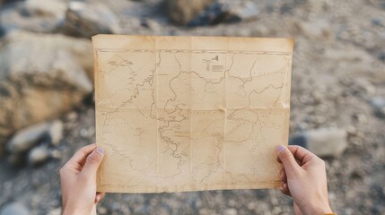 A vintage map held by hands against a rocky background, showcasing exploration and adventure at its finest.