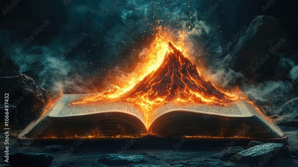 Poster a burning volcano erupts from an open book, symbolizing the power of knowledge and imagination.