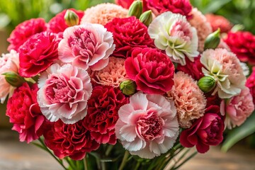A vibrant bouquet of carnations in shades of pink, red, and white, with ruffled, textured petals and sturdy green stems