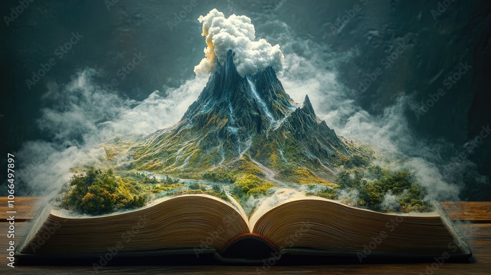 Poster a mountain erupting from an open book, symbolizing the power of imagination and storytelling.