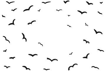 Grunge Artistic Birds in Flight in Circular Formation. Distressed messy ink silhouettes of a flock of birds drawn with markers and crayons set